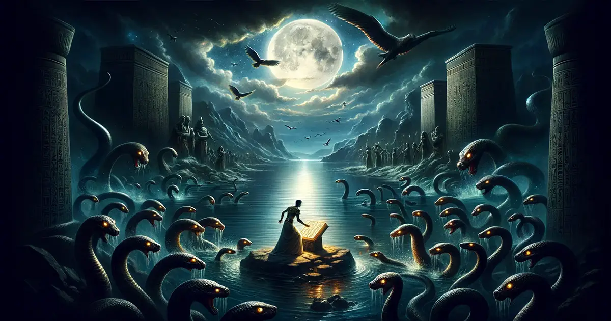 Egyptian prince Neferkaptah surrounded by serpents in the Nile under a moonlit sky, with the mystical Book of Thoth on the riverbank.