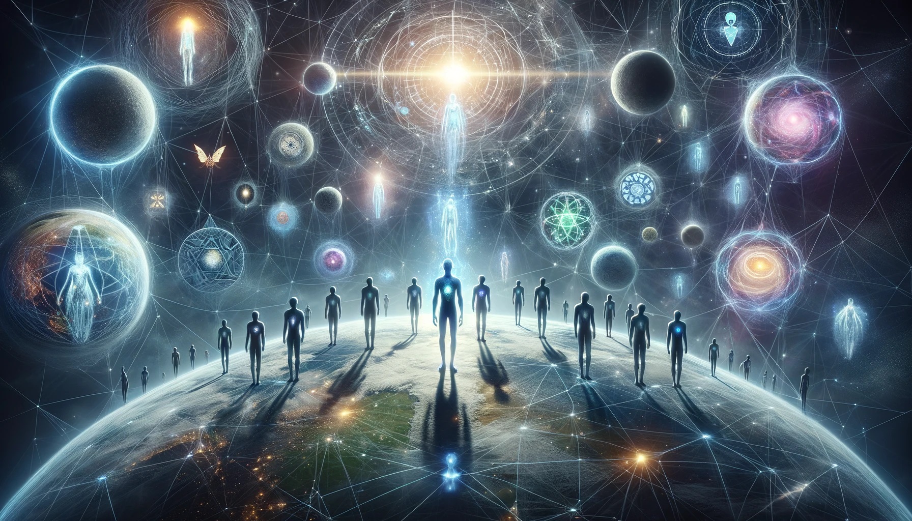 Symbolic representation of humans on a transparent globe connected to a cosmic web, depicting the existential implications of being alien containers.