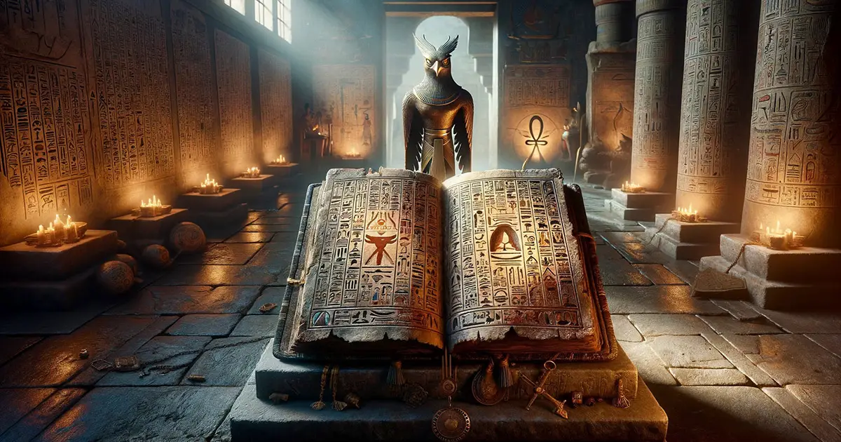 An open ancient book with glowing hieroglyphics in a mystical Egyptian temple, symbolizing the legendary Book of Thoth.