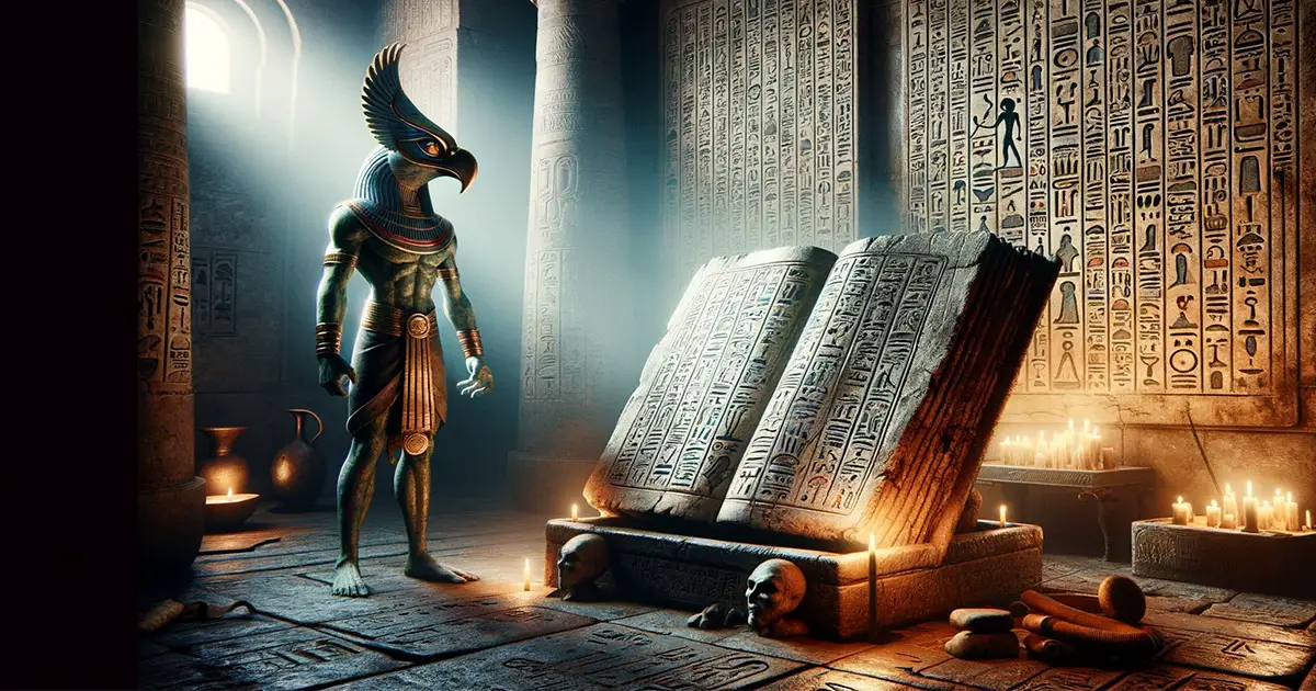 A mysterious ancient tome with glowing inscriptions and a bird-headed guardian figure, evoking the legend of Thoth in an Egyptian temple.