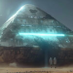 A colossal pyramid-shaped spacecraft, reminiscent of the Benben stone, hovers over a barren desert landscape, with two figures standing in its shadow, illustrating the theory of Egyptologists about ancient advanced technology.