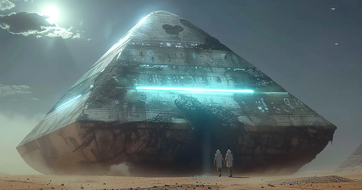 A colossal pyramid-shaped spacecraft, reminiscent of the Benben stone, hovers over a barren desert landscape, with two figures standing in its shadow, illustrating the theory of Egyptologists about ancient advanced technology.