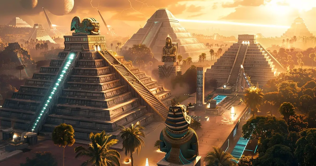 An artist's rendition of a futuristic Mayan city with neon-lit pyramids, holographic glyphs, and advanced observatories in the 21st century.