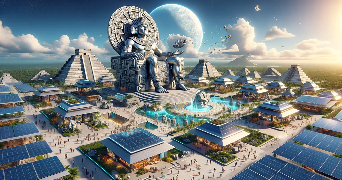 A colossal statue of a Mayan leader reflects the sky amidst a futuristic city with eco-friendly innovations and virtual reality museums.