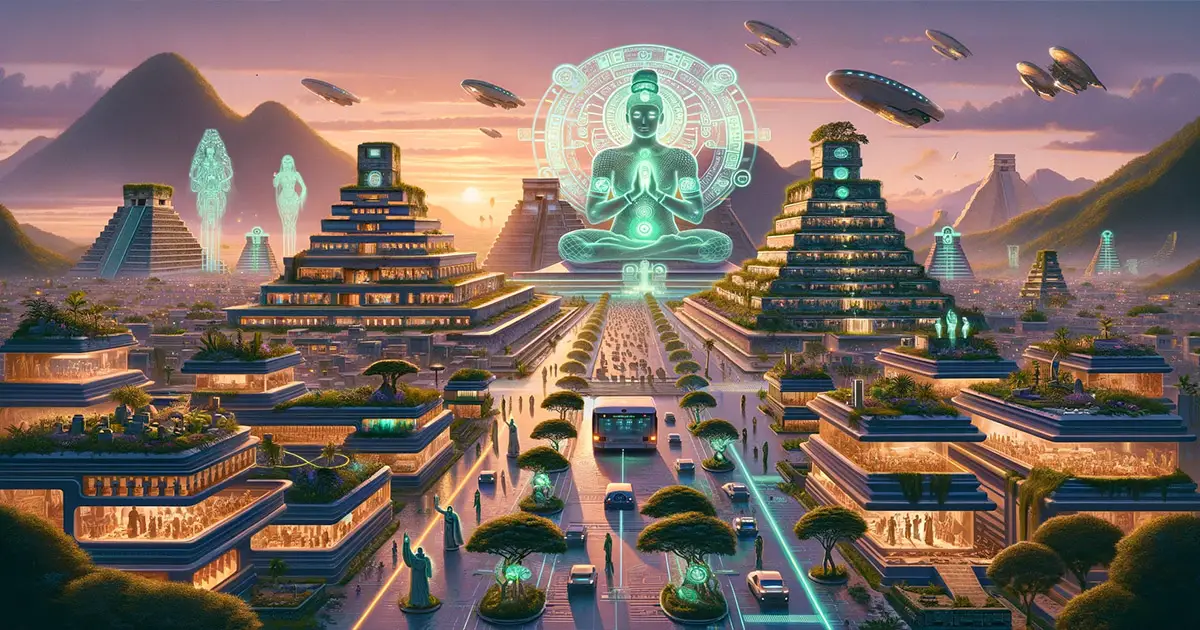 A futuristic Mayan city where spirituality and technology merge, featuring temples with meditation hubs, holographic deities, and sustainable urban design.