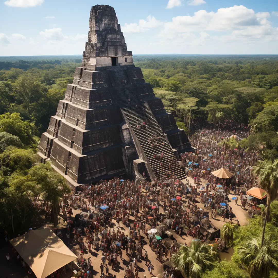 Aerial view of Tikal Pyramid surrounded by a dense crowd of tourists in the Guatemalan jungle.