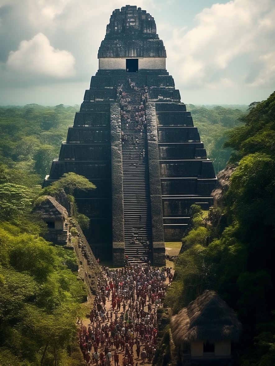 The towering Tikal Pyramid rises above a procession of visitors, embodying the spirituality of the Mayans.